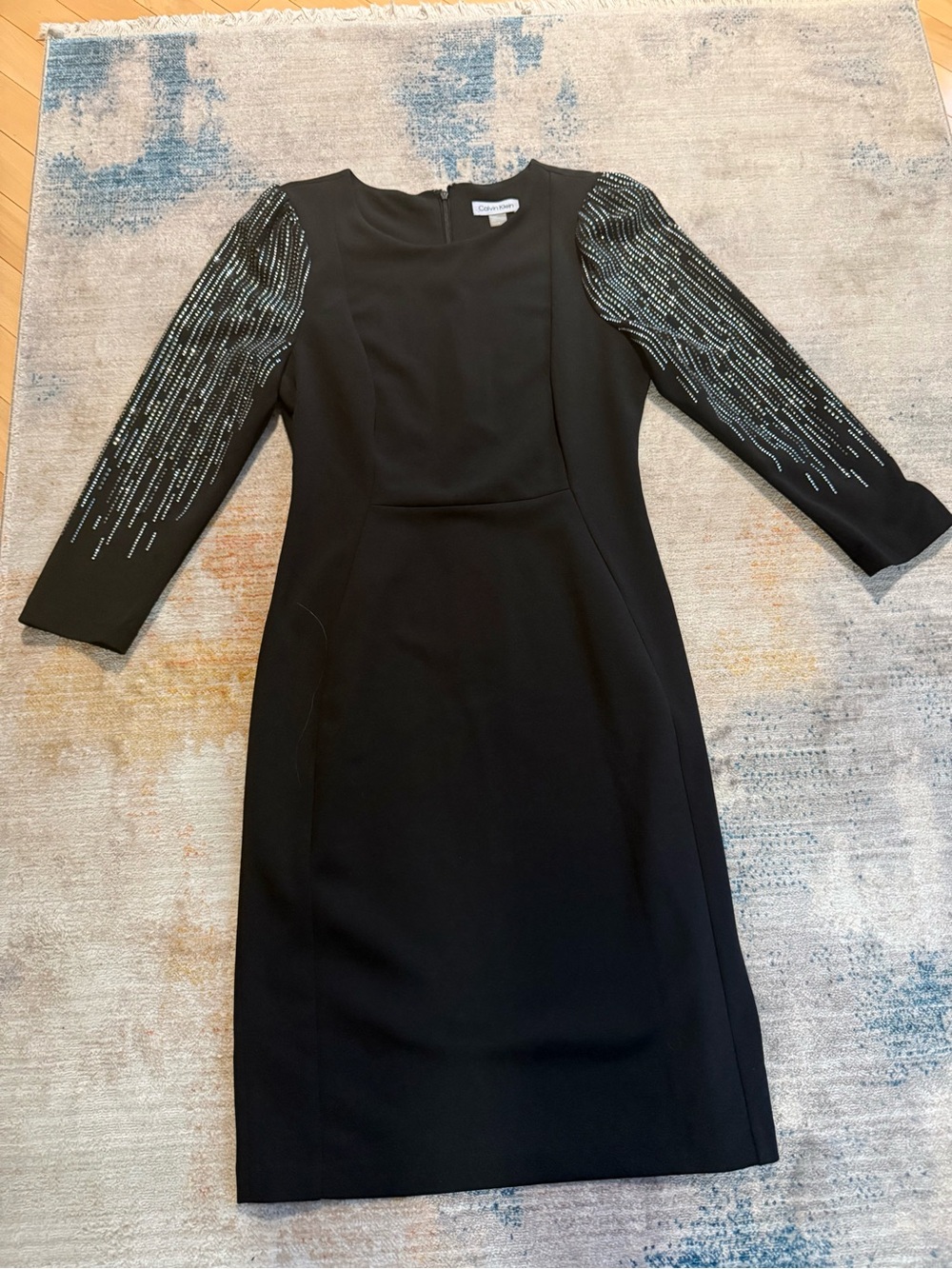 Black Embellished Sleeve Sheath Dress by Calvin Klein